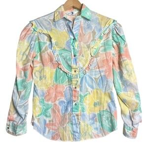VTG 70s Miss rodeo America floral pastel blouse ruffle trim pearl snap western s